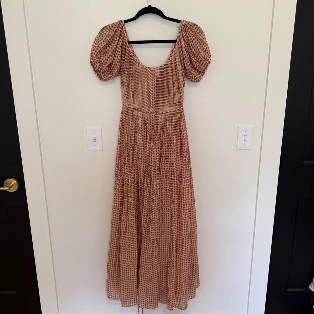 Tory Burch Floral Pleated Puff Sleeve Maxi Dress With‎ Slip Peach Purple Size 6